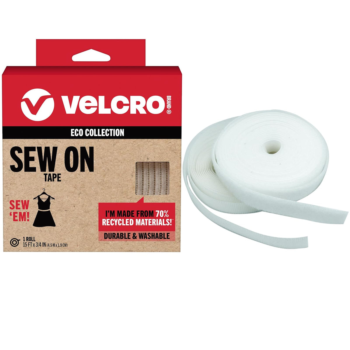 VELCRO Brand ECO Collection - Cinta adhesiva para coser para ropa y telas, no adhesivas, tiras cortadas a una longitud personalizada para coser, rollo de 15 pies x 3/4 pulgadas, color blanco