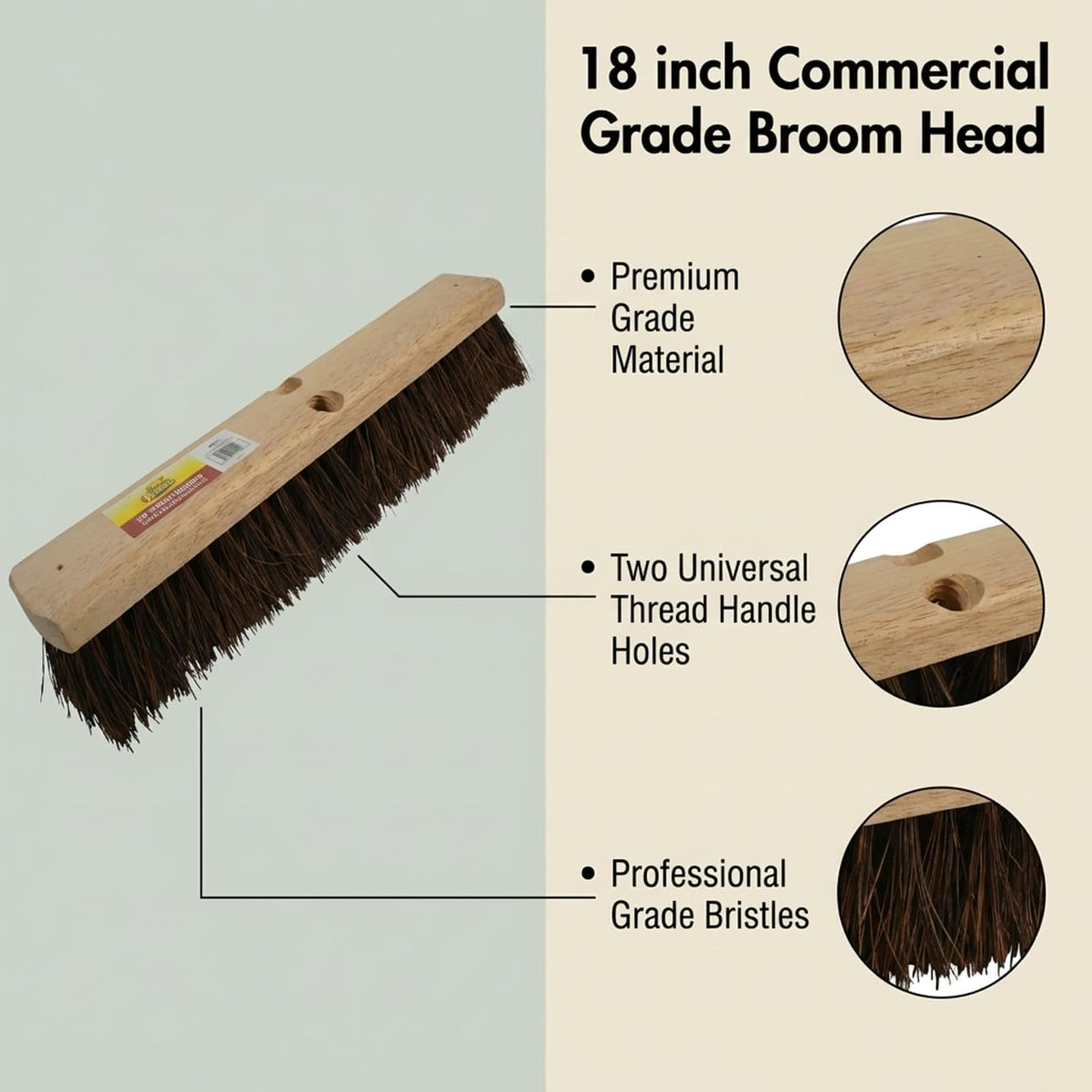 Bristles 4218 - Cabezal de Escoba de Empuje para Exteriores de 45,7 cm, Bloque de Madera Dura Resistente, Fibras de Palmyra rígidas, Color café