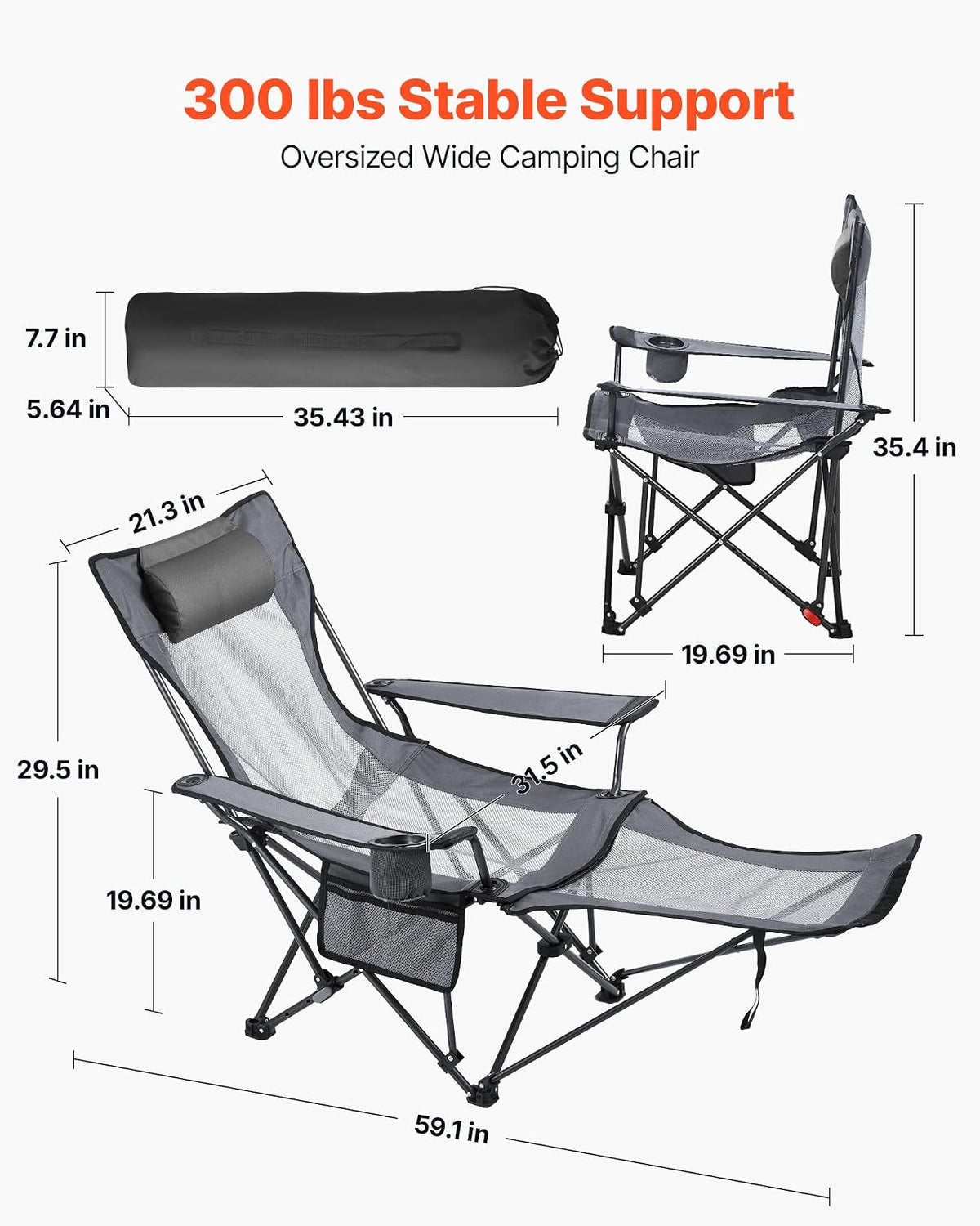 VEVOR Silla de Camping Plegable, 4 Posiciones Ajustables, Silla Reclinable y Portátil con Reposapiés y Reposacabezas, Tejido de Malla, Capacidad de Carga de 100 kg, para Playa y Patio, Gris