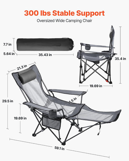 VEVOR Silla de Camping Plegable, 4 Posiciones Ajustables, Silla Reclinable y Portátil con Reposapiés y Reposacabezas, Tejido de Malla, Capacidad de Carga de 100 kg, para Playa y Patio, Gris