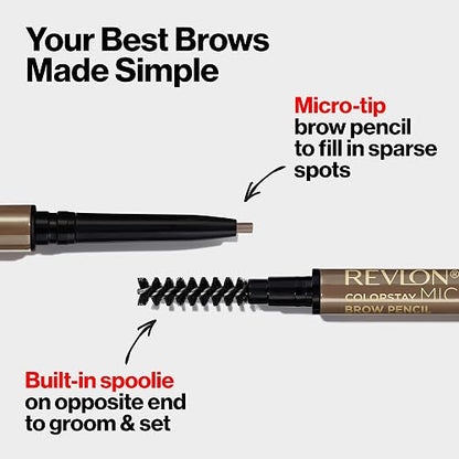 Revlon Colorstay Lápiz de cejas micro con cepillo de carrete integrado, impregnado con aceite de argán y marula, impermeable, a prueba de manchas, marrón oscuro 456