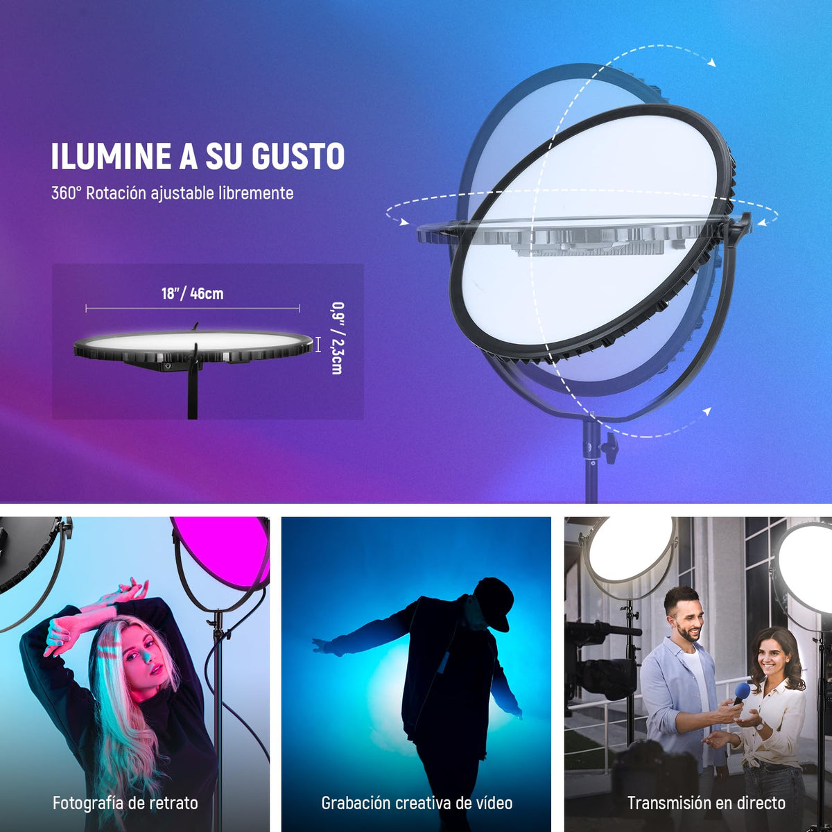 NEEWER 18" RGB LED Redondo Panel Luz Vídeo con Control App, 65W 6000Lux/0.5m 2500K-8500K RGBCW Iluminación Estudio Fotografía /18 Escenas/V Batería Alimentada para Exterior Grabación Streaming, GR18C