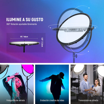 NEEWER 18" RGB LED Redondo Panel Luz Vídeo con Control App, 65W 6000Lux/0.5m 2500K-8500K RGBCW Iluminación Estudio Fotografía /18 Escenas/V Batería Alimentada para Exterior Grabación Streaming, GR18C