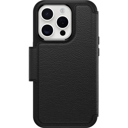 OtterBox - Funda Tipo portafolios para iPhone 15 Pro (Solo en inglés) Strada - Shadow (Negro), Soporte para Tarjetas, se Ajusta a MagSafe, Piel auténtica, fácil de Usar, Funda Tipo Folio