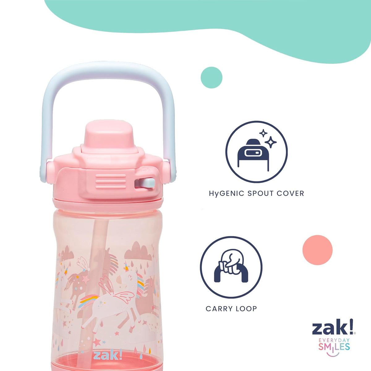 Zak Designs - Botella de agua para niños, con diseño de princesa de Disney, de plástico de 12 onzas, duradera y a prueba de fugas con boquilla de bloqueo de líquido, asa de transporte, base protectora