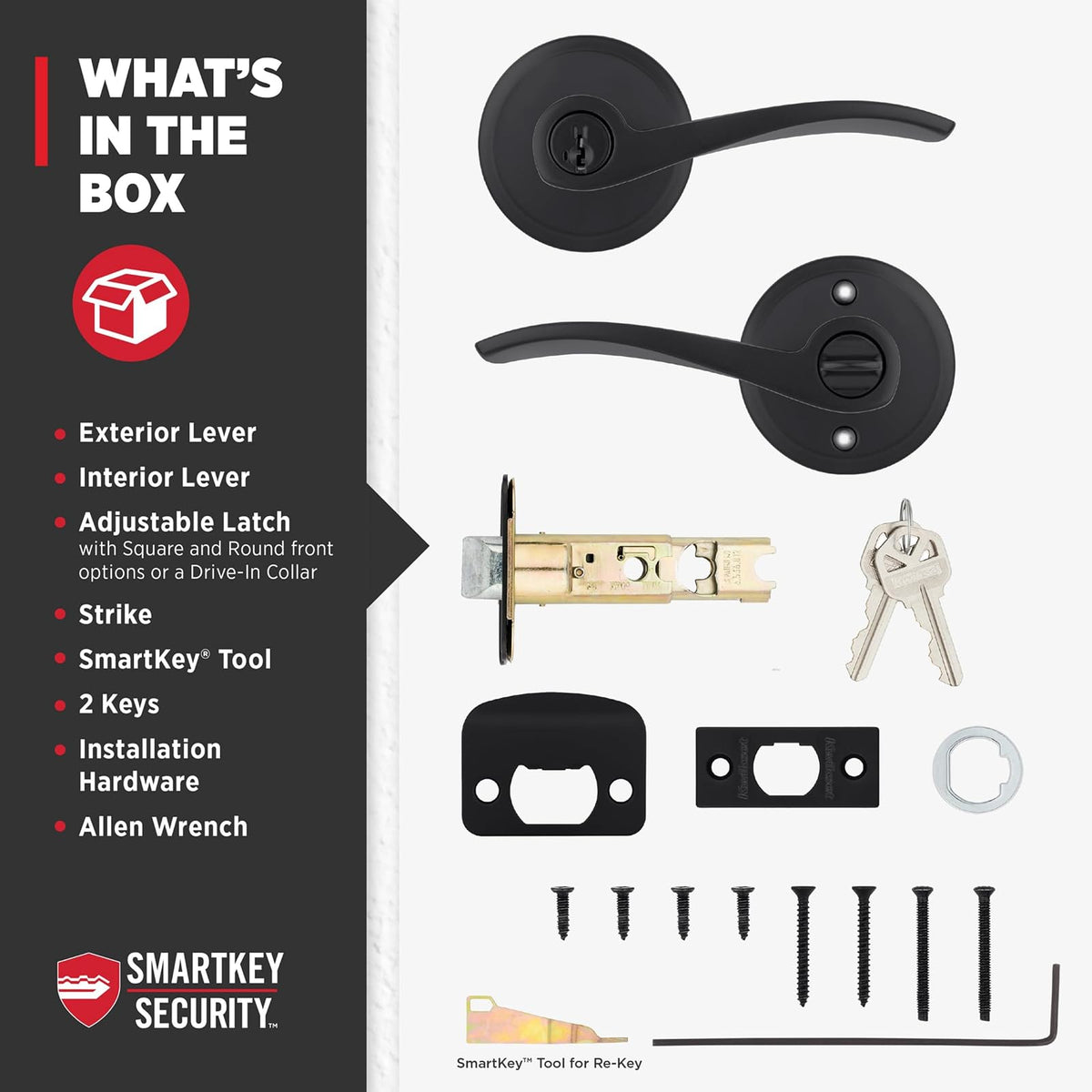 Kwikset Sedona - Manija de puerta de entrada con cerradura y llave, palanca reversible con llave segura, para entrada frontal y dormitorios, negro mate, resistente a las púas Smartkey Rekey Security y