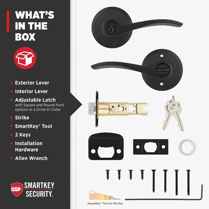 Kwikset Sedona - Manija de puerta de entrada con cerradura y llave, palanca reversible con llave segura, para entrada frontal y dormitorios, negro mate, resistente a las púas Smartkey Rekey Security y