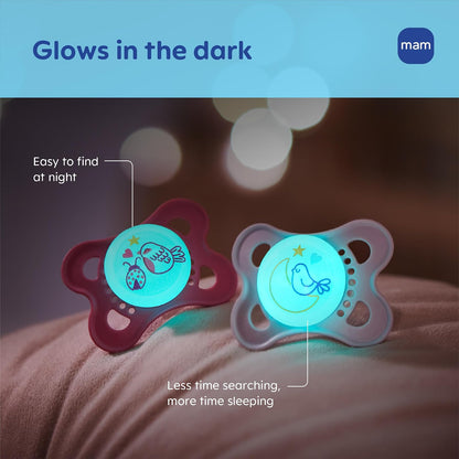 MAM Glow in the Dark Night Orthodontic Pacifier, Girl, 0-6 Months, 2-Count