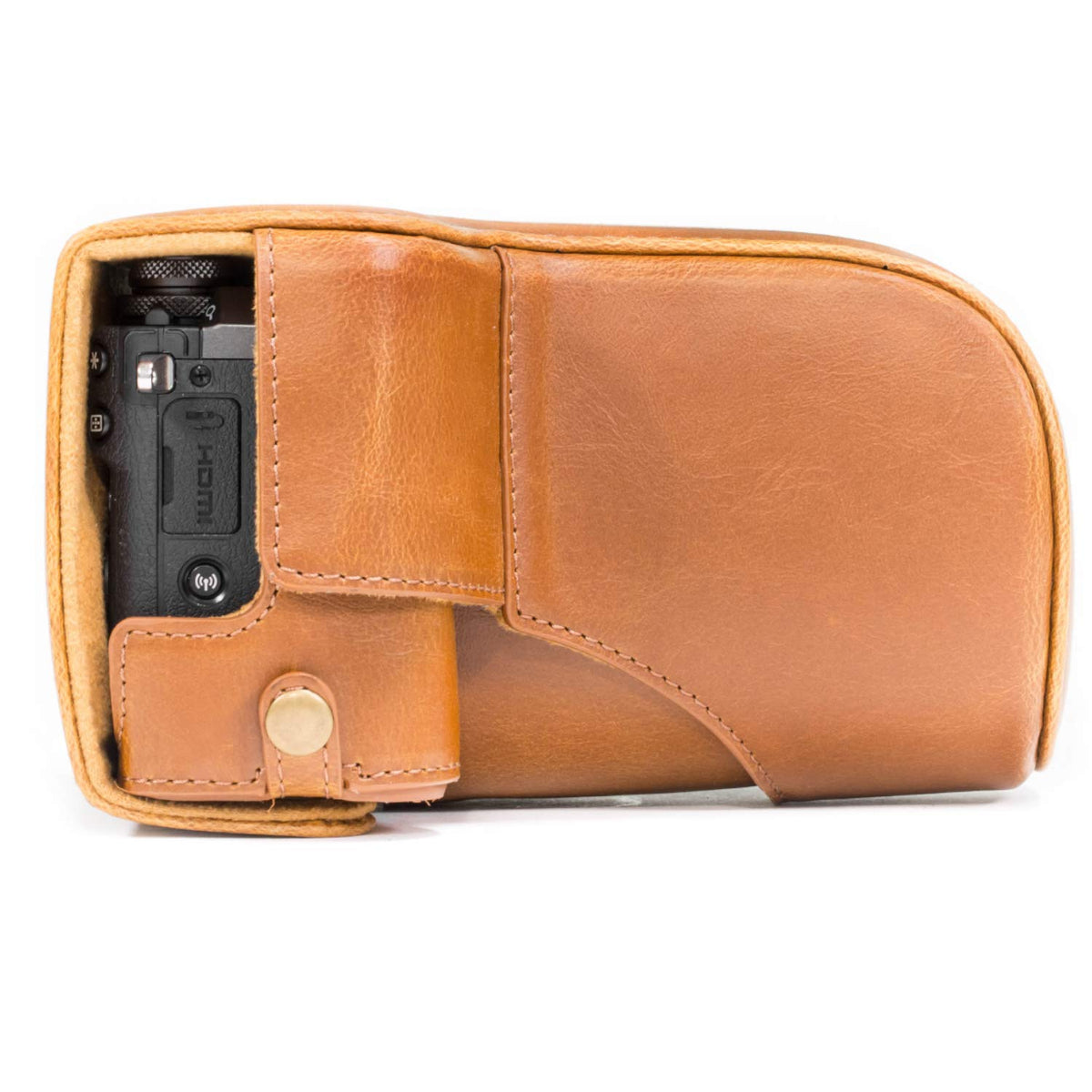 MegaGear MG1181 Estuche Ever Ready, Funda de cuero, de pronto uso, con correa compatible con Canon EOS M6 (18-150 mm) - Marrón Claro
