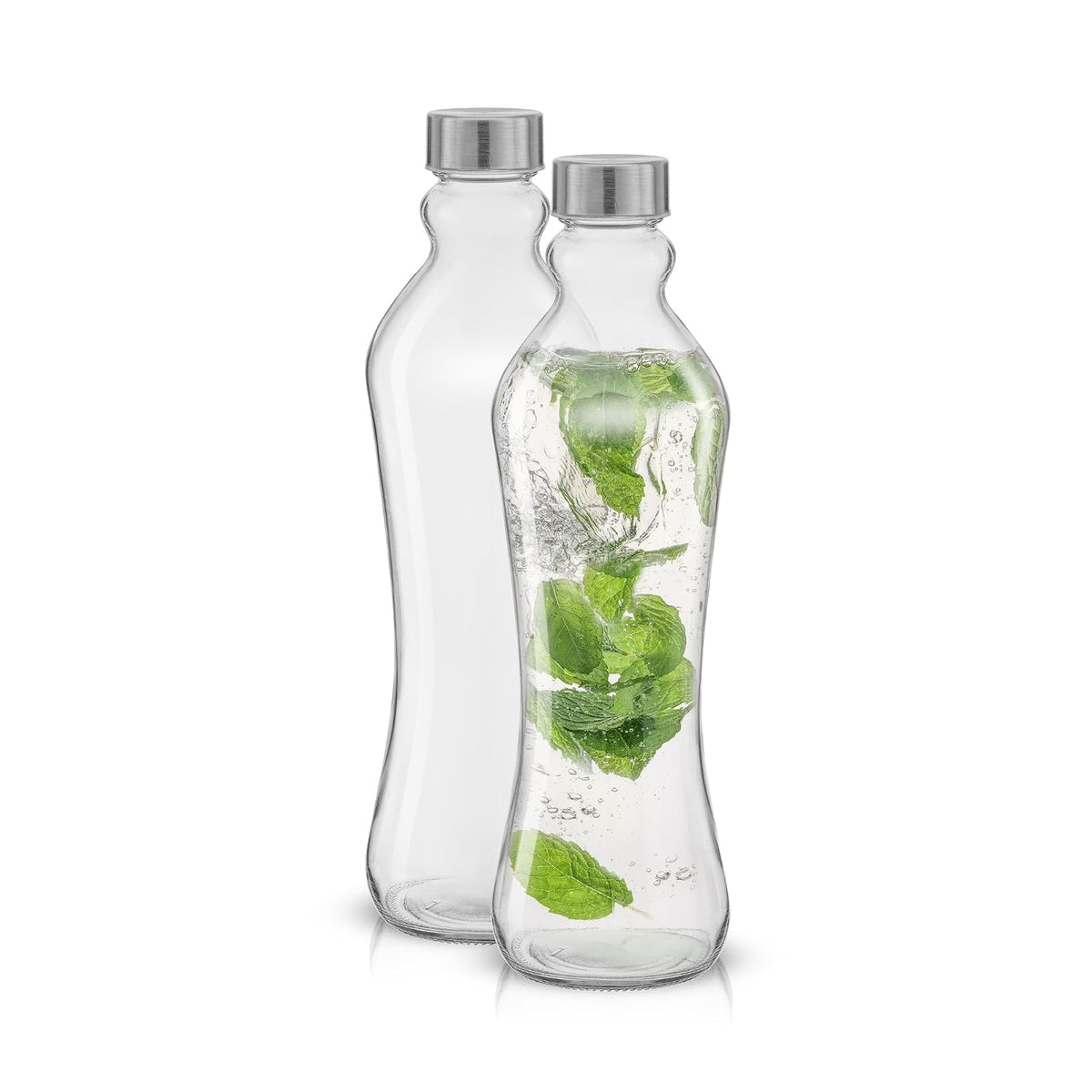 JoyJolt - Juego de 2 botellas de agua de vidrio, 32 onzas, 1 litro, vidrio transparente con tapas de acero inoxidable, a prueba de fugas, ideal para jugos o té helado