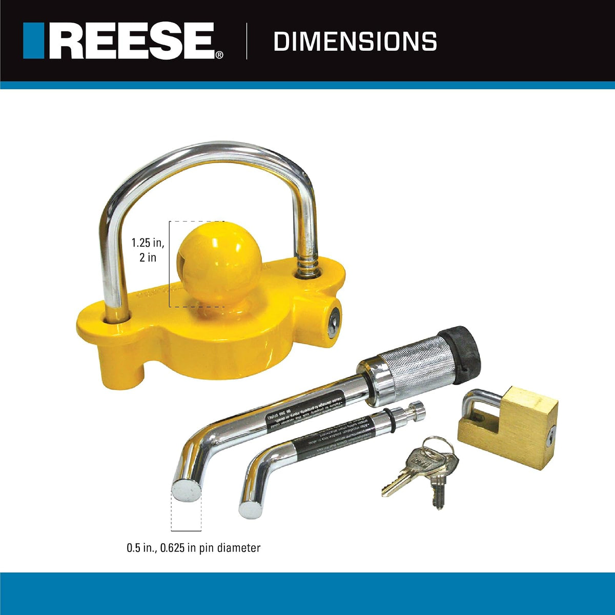 Reese Towpower 7014700 Juego de Bloqueo Combinado de Enganche y acoplador, se Adapta a receptores Cuadrados de 1-1/4 Pulgadas y 2 Pulgadas, diámetro de Pasador de 1/2 Pulgadas y 5/8 Pulgadas