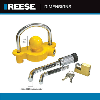 Reese Towpower 7014700 Juego de Bloqueo Combinado de Enganche y acoplador, se Adapta a receptores Cuadrados de 1-1/4 Pulgadas y 2 Pulgadas, diámetro de Pasador de 1/2 Pulgadas y 5/8 Pulgadas
