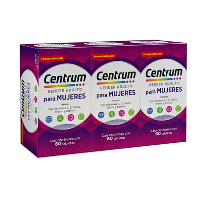 Centrum Gender Adulto Mujer Multivitaminico, Con Magnesio, Vitamina C y Vitamina E, Kit 3 Packs con 60 Tabletas Cada Uno