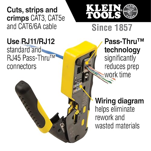 KLEIN TOOLS VDV226-110 | Ponchadora RJ45 | Pela, Corta Y Crimpa | Pass-Thru | Haz instalaciones RJ45 más prácticas: pela, corta y crimpa con una sola herramienta, ideal para trabajos de voz y datos.