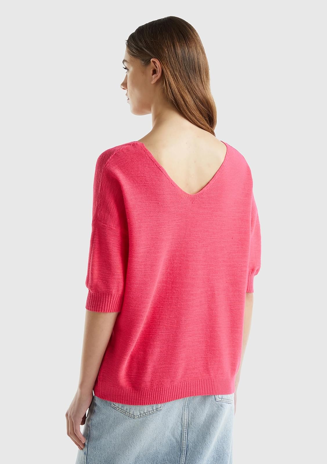 United Colors of Benetton Blusa de Punto, Escote V, Manga 3/4 Hombro caído, Corte Regular 70% algodón y 30% Lino para Mujer