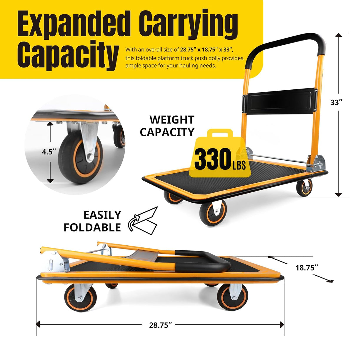 MaxWorks 80876 Plataforma Plegable camión Push Dolly-330 LB. Capacidad de Peso con Ruedas giratorias, 28.75" x 18.75" x 33"