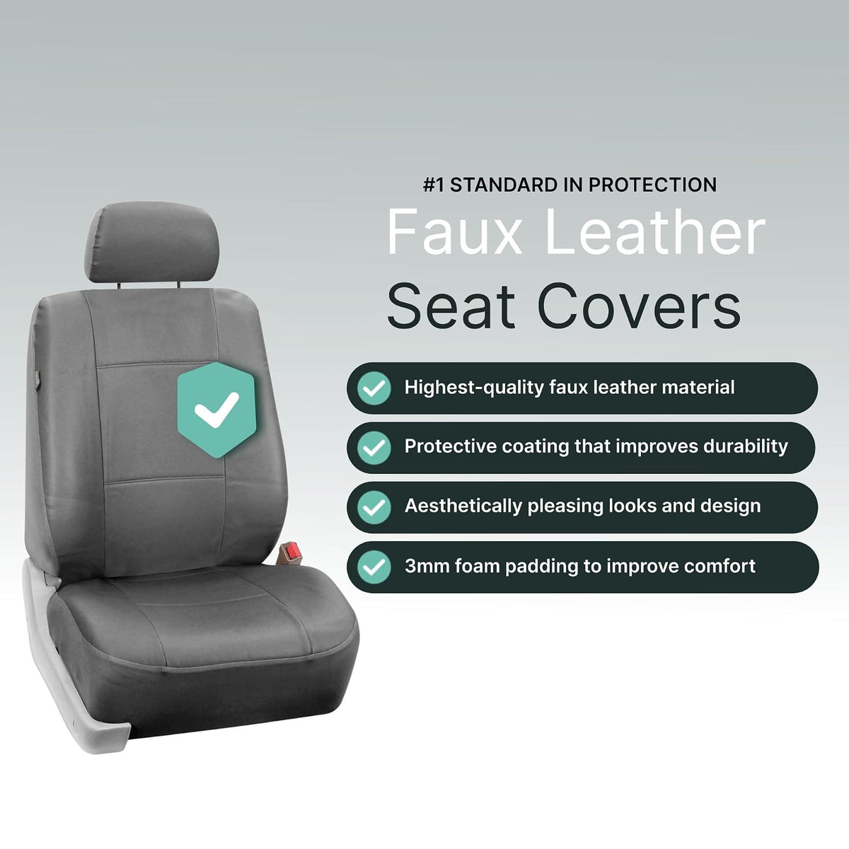 FH GROUP FH-PU002102 Pair Set PU Leather Bucket Seat Covers, Airbag Compatible, Solid Gray Color- Fit Most Car, Truck, SUV, or Van
