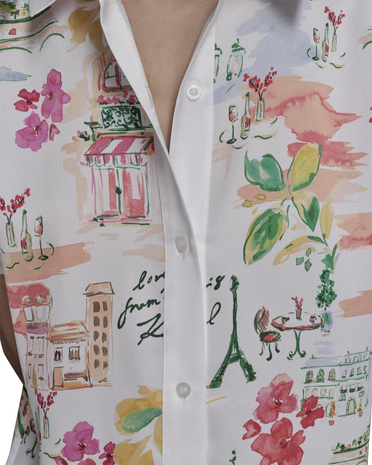 Karl Lagerfeld - Camisa de Campamento con Botones para Mujer, Blanco Suave/Coral Fusion Multi