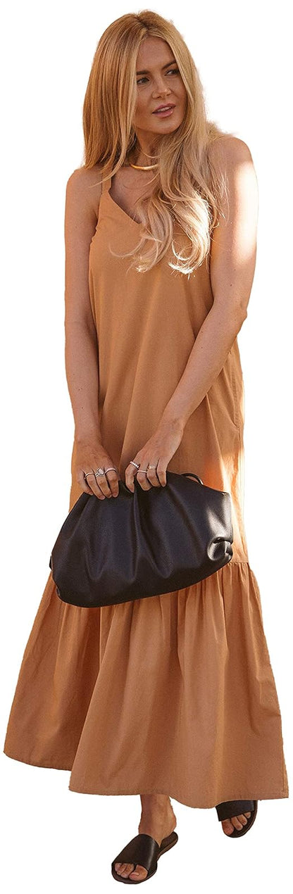 The Drop Vestido Maxi Para Mujer, Escalonado, con Tirantes y Cuello en V, Beige Doe, por @amberfillerup