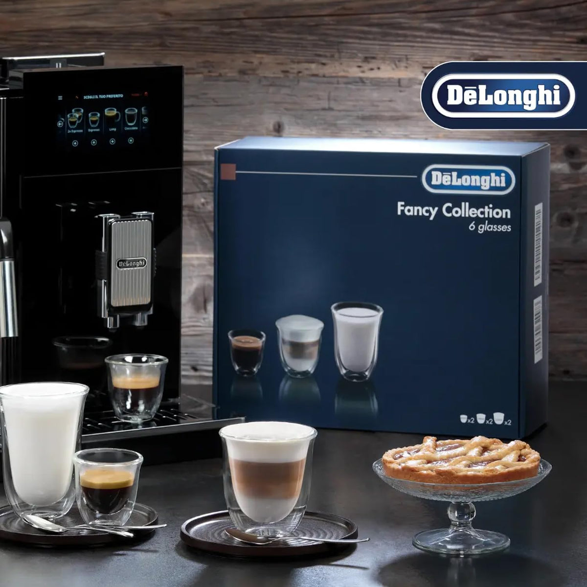 De'Longhi Fancy Collection - Juego de 6 vasos de café expreso con doble pared, diseño de capuchino y latte, transparente