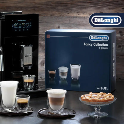 De'Longhi Fancy Collection - Juego de 6 vasos de café expreso con doble pared, diseño de capuchino y latte, transparente