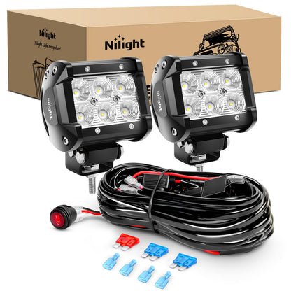 Nilight Juego de 2 Cápsulas LED de Inundación 18 W 4 in con Arnés de Cableado Todoterreno, ZH010