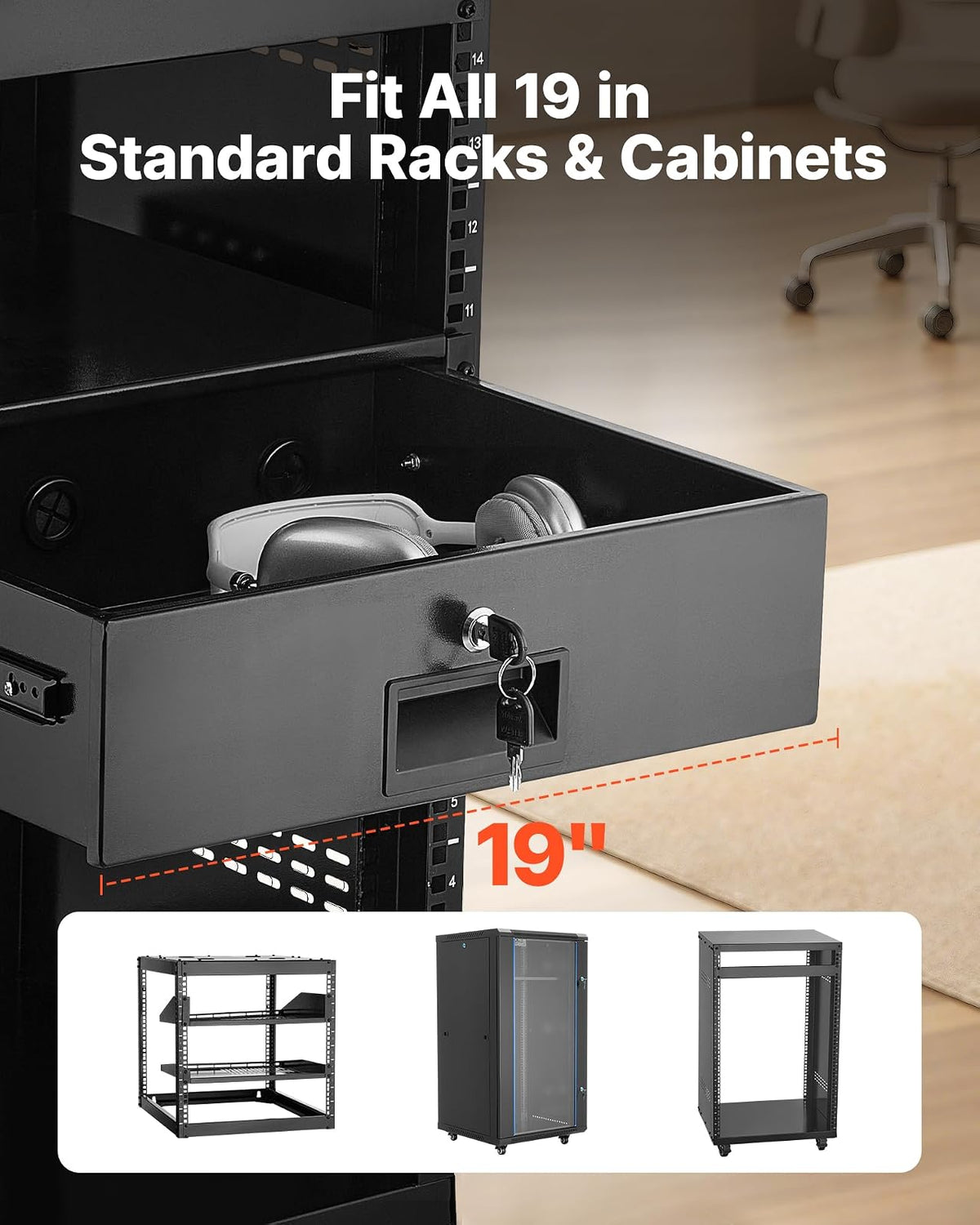 VEVOR Cajón para Montaje en Rack de 3U, Carga de 22,68 kg, Cajón Deslizante con Cerradura y Orificios para Gestión de Cables, para Rack o Gabinete de AV para Servidores de Equipos de Red de 48,26 cm