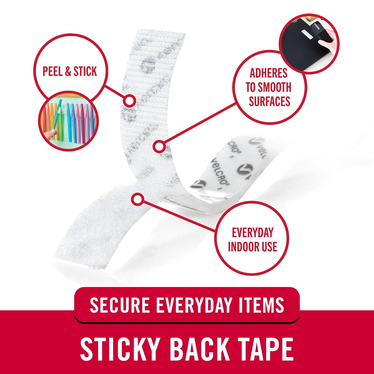 Velcro Brand VEK90083 Tiras de Velcro con la Parte de Atrás Adhesiva | Cinta adhesiva para despegar y pegar para organizar el hogar, la oficina y el aula; cortada a la longitud para pantallas