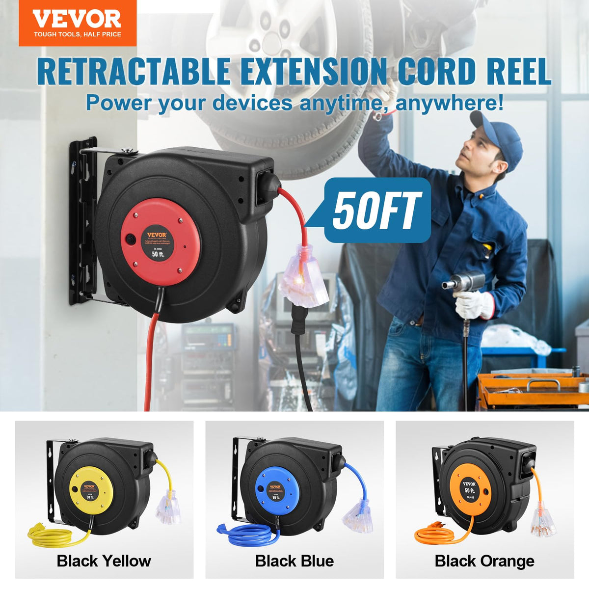 VEVOR Carrete de Cable de Extensión Retráctil, 15 m, Resistente, 14 AWG/3C SJTOW, con Toma de Corriente Triple Iluminada, Disyuntor de 13 A, Soporte Giratorio de 180° para Montaje en Techo o Pared