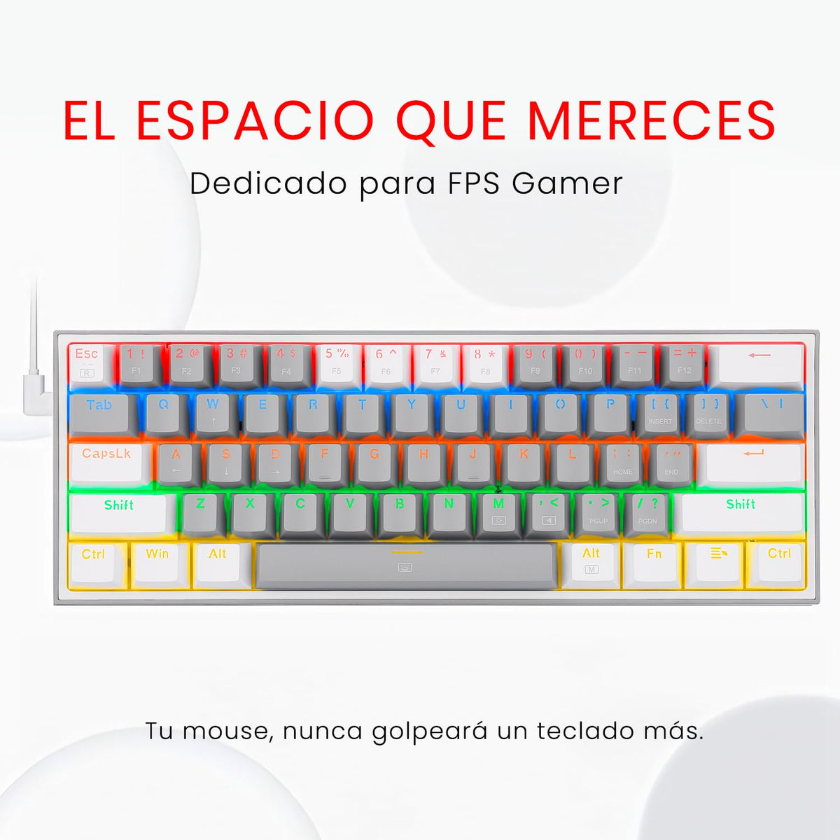 Redragon K617 Teclado Mecánico Alámbrico Gamer Rainbow en inglés, Fizz k617R, Switches Blue, Iluminación Rainbow, Anti-Ghosting Teclado Gaming Pc. (Gris/Blanco)