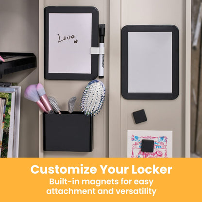 LockerMate Kit Organizador de 6 Piezas, Incluye Espejo, Pizarra Blanca, Taza de Almacenamiento y Marcador de borrado en seco, Negro