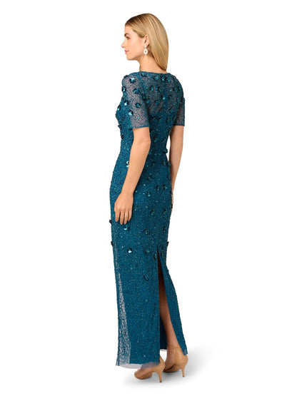 Adrianna Papell Beaded Long 3D Floral Dress Vestido para ocasión Especial Mujer
