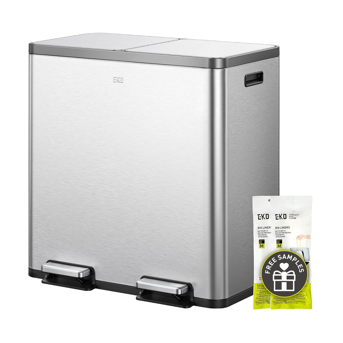 EKO EcoCasa Plus - Bote de Basura de Reciclaje Doble de 2 x 10.6 Galones para Cocina, Gran Bote de Basura de Acero Inoxidable con Pedal y Tapas de Cierre Suave, A Prueba de Olores y Resistente a - 40L+40L