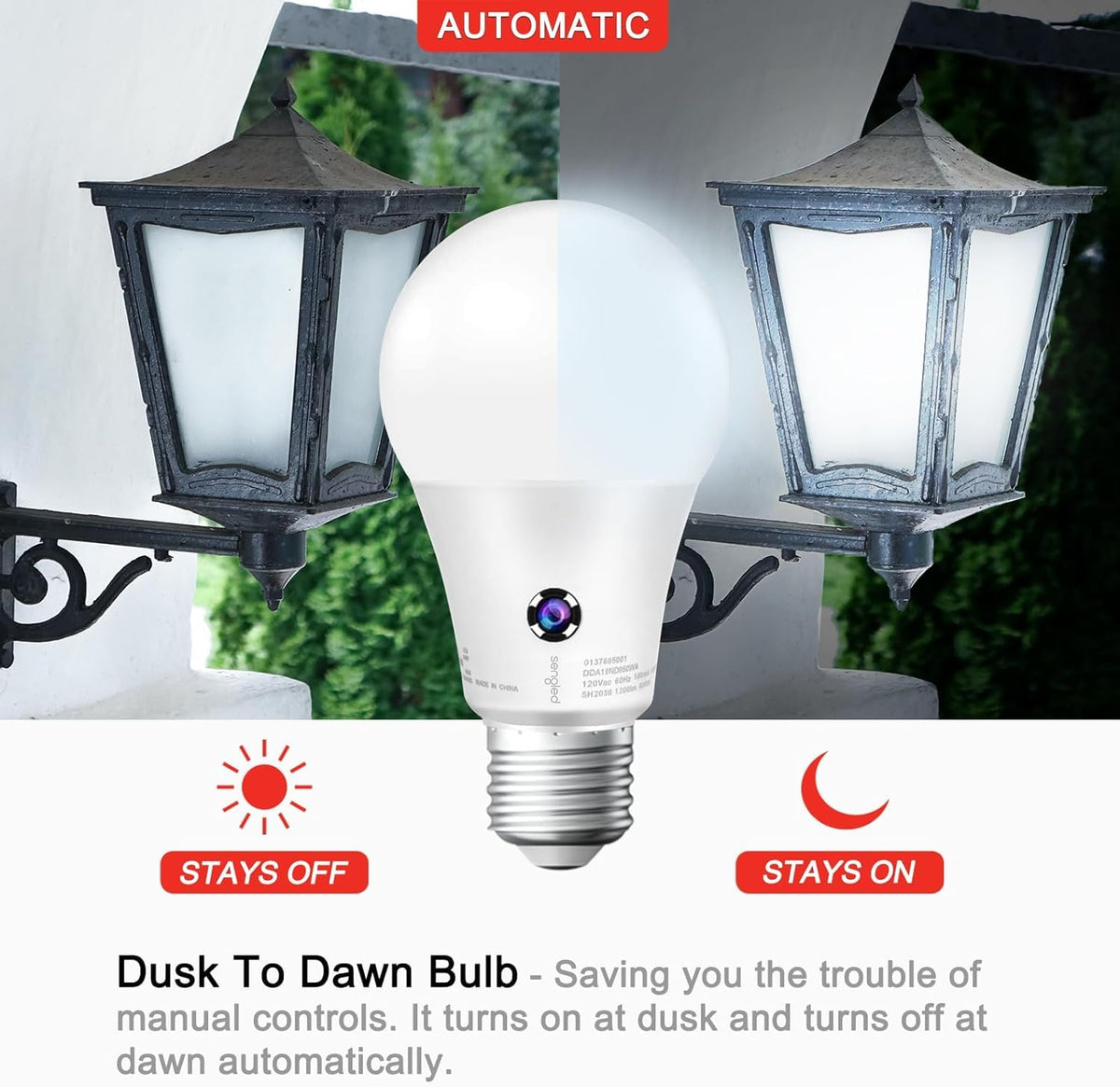 Sengled - Bombillas de luz LED A19 para exteriores, paquete de 3 bombillas con sensor LED A19, luz diurna de 5000 K, 1200 lúmenes, equivalente a 75 W, 10,5 W, base E26, bombillas de fotocélula