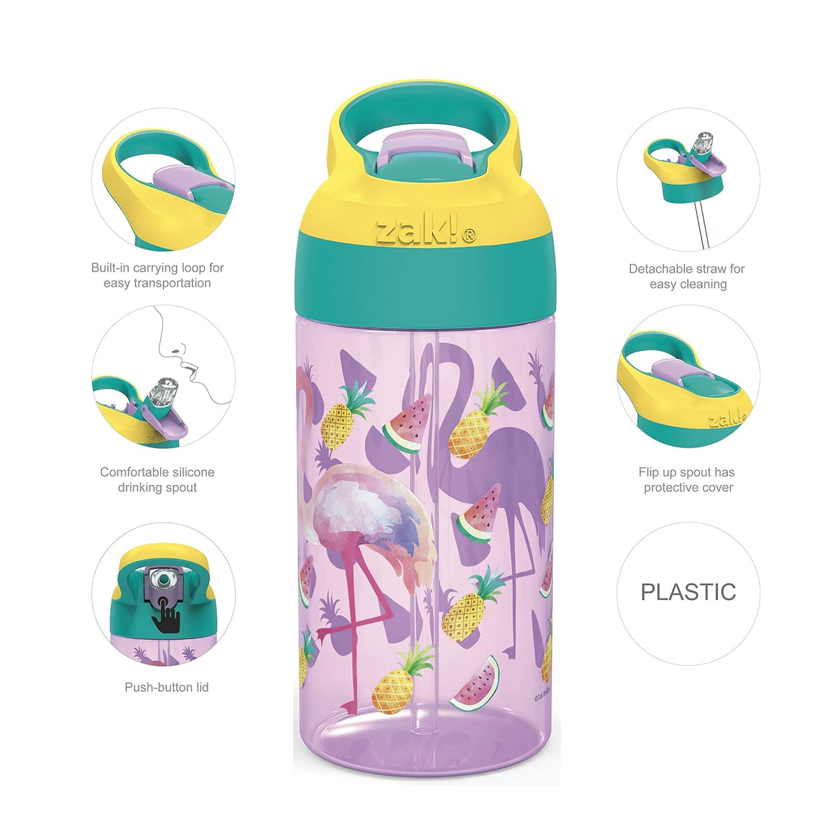 Zak Designs Riverside Desert Life - Botella de agua para niños de 16 onzas con popote y lazo de transporte integrado, hecha de plástico duradero, diseño a prueba de fugas para viajes, juego de 2 unidades