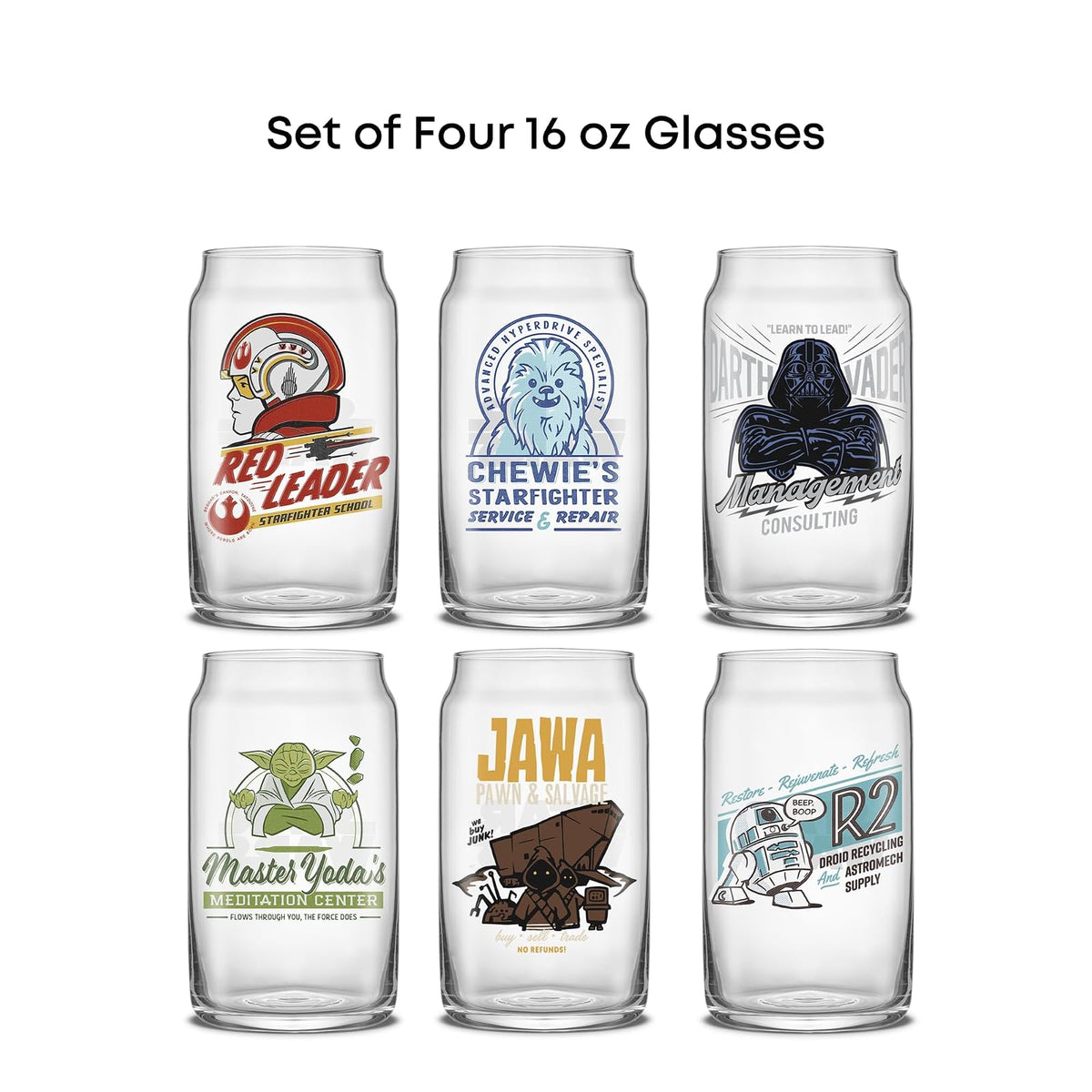JoyJolt Star Wars Retro clásico Collection - Vasos de vidrio de 16.9 onzas, con Darth Vader, R2D2, Yoda, Chewbacca, Red Leader, Jawa - Juego de 6 vasos de vidrio con popotes de vidrio