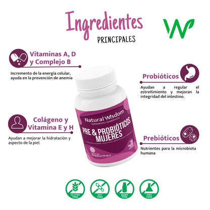 Pre & Probioticos Mujeres 10 Billones UFC + Prebioticos Hidratación Salud de la Piel Salud Digestiva | 180 Capsulas | Vitaminas Complejo B Colágeno | Suplemento Alimenticio | Natural Wisdom