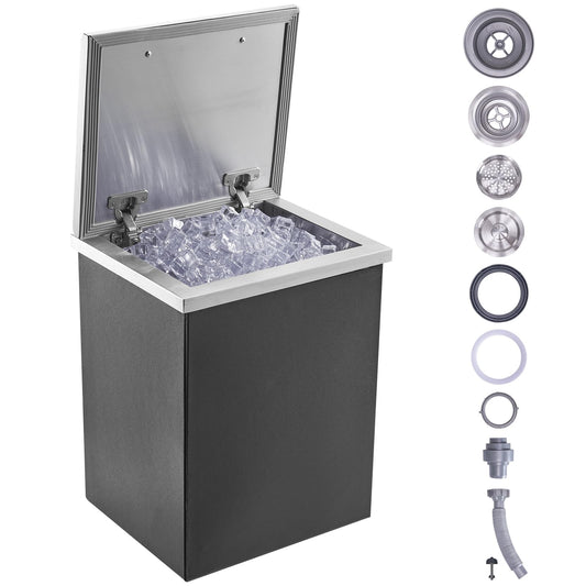 VEVOR Cisterna de hielo con caída, enfriador de hielo de acero inoxidable, recipiente de hielo comercial con cubierta con bisagras, barra de hielo para cocina al aire libre, tubo de drenaje y tapón de