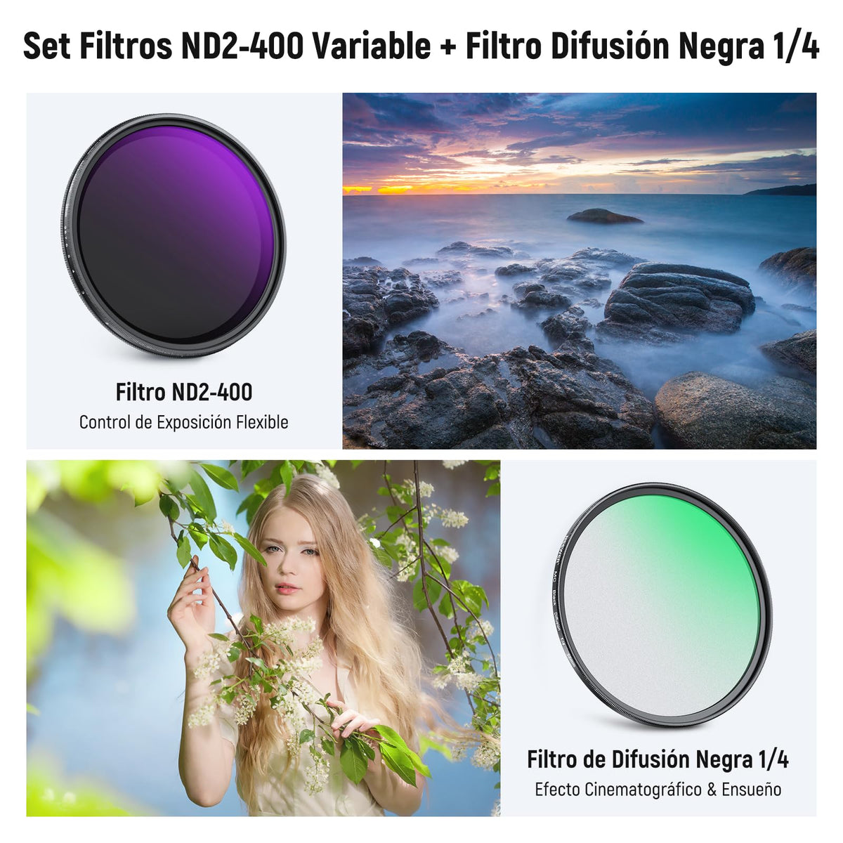 NEEWER 58mm Filtros ND Variable & Filtro Difusión Negra 1/4 Set, Paquete de 2 Vidrio Optico Multicapa Densidad Neutra ND2-400 & Filtro Efecto Cinematográfico Suave Ensueño para Lentes Cámara.