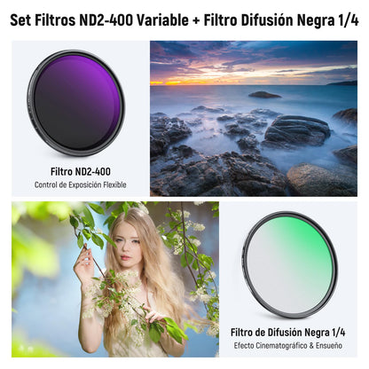 NEEWER 58mm Filtros ND Variable & Filtro Difusión Negra 1/4 Set, Paquete de 2 Vidrio Optico Multicapa Densidad Neutra ND2-400 & Filtro Efecto Cinematográfico Suave Ensueño para Lentes Cámara.
