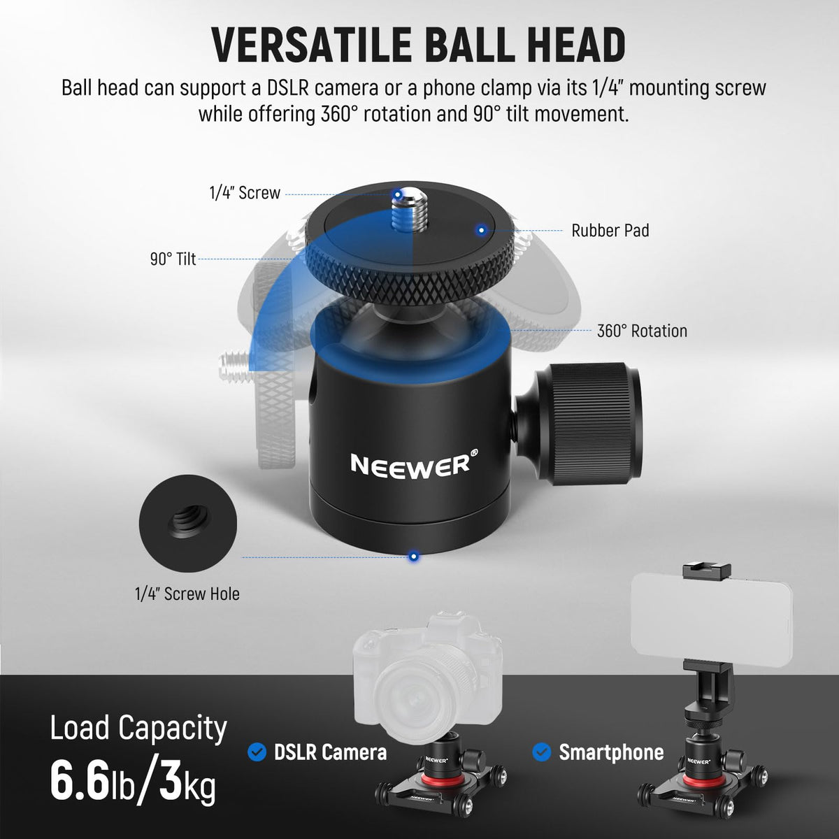 NEEWER Slider de Cámara Dolly con Rótula & Pinza para Celular, 4 Wheeled | SD001, Carro de Mesa, Patinador Manual, Panorama de 360°, para DSLR Cámara Video Videocámara GoPro iPhone Android Smartphone