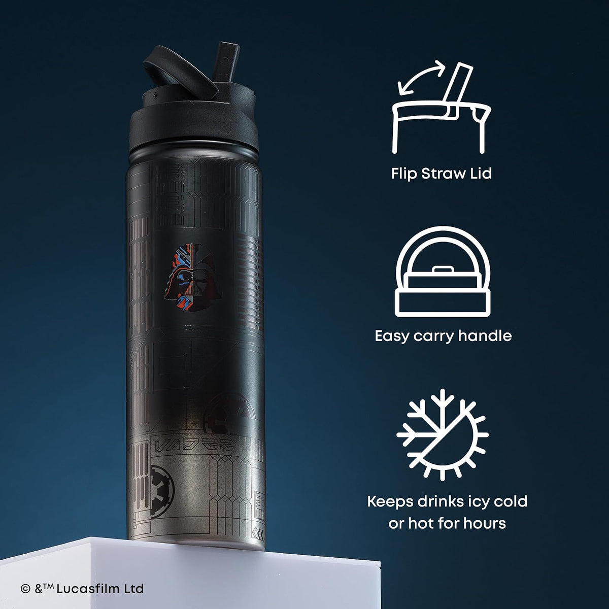 JoyJolt Star Wars - Botella de agua de acero inoxidable de Darth Vader con tapa abatible con popote, botella de agua aislada al aspiradora de 22 onzas, vaso sin BPA para deportes y viajes, regalos de