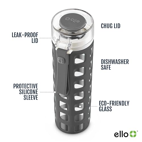 Ello Syndicate - Botella de agua de vidrio con tapa abatible de un solo toque y funda protectora de silicona y bucle de transporte, sin BPA, apta para lavaplatos, 20 onzas
