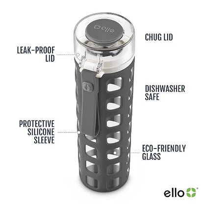 Ello Syndicate - Botella de agua de vidrio con tapa abatible de un solo toque y funda protectora de silicona y bucle de transporte, sin BPA, apta para lavaplatos, 20 onzas
