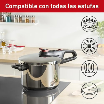 T-Fal Olla Express Secure Click 6L de Acero Inoxidable con Indicador de Presencia de Presión, Máxima Seguridad, P2580705