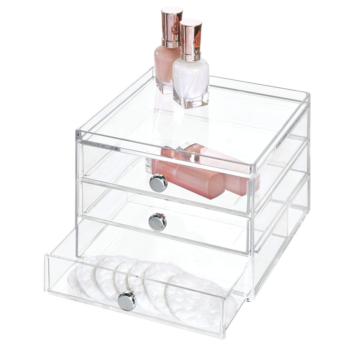 InterDesign Drawers Organizador de maquillaje con 3 cajones, Plástico transparente