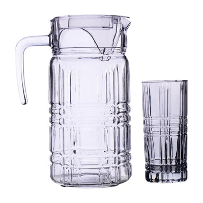 Top Choice - Juego de Cristalería París, 7 Piezas, Incluye Jarra de 1.8 Litros y 6 Vasos de 384 ml, Vidrio con Relieve Geométrico Elegante, Ideal para Agua, Jugos y Bebidas Frías