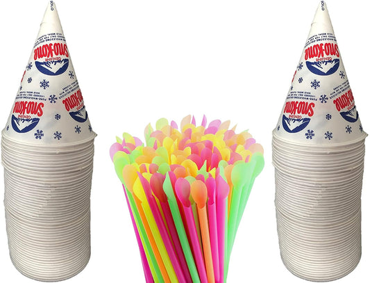 Concession Essentials 200 tazas de cono de nieve de 6 onzas con 200 popotes de neón de 8 pulgadas