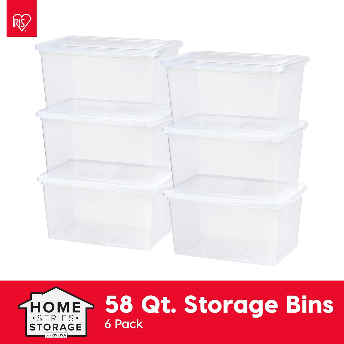 IRIS USA 6 Contenedores de 58 Qt con Tapa, Transparentes, Apilables | Ideal para mudanzas, cobijas, ropa y garaje. Diseño transparente y anidable para encontrar todo fácilmente.
