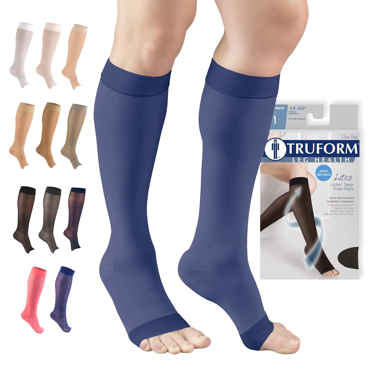 Truform - Medias de compresión transparentes para mujer, longitud hasta la rodilla, puntera abierta, 20 denier, azul, talla 3XL